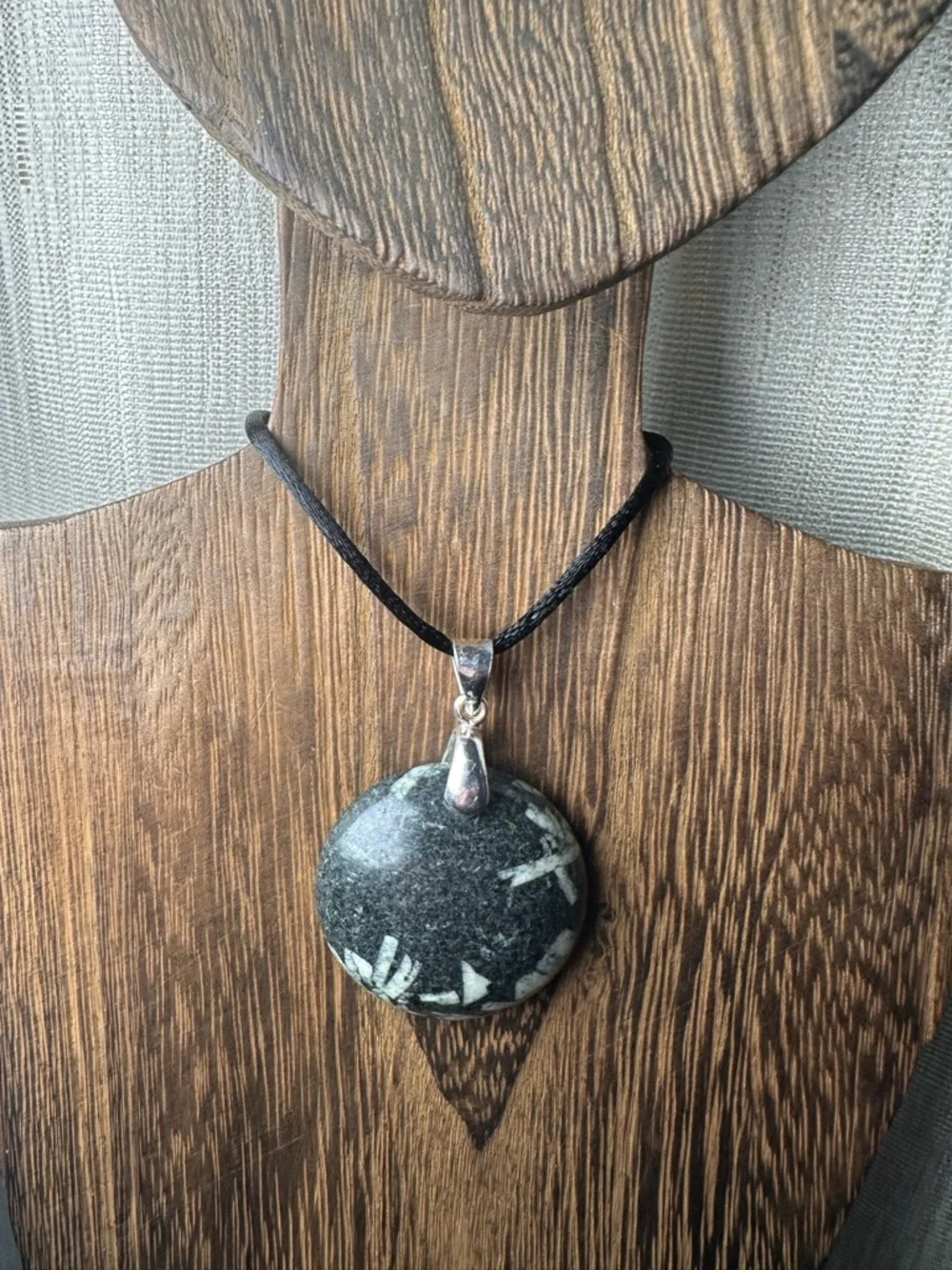 Round Chinese Writing Stone Pendant Necklace on Black Rope, Sterling Silver